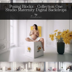 May include: A pregnant woman sits on a white cube with a floral design. The cube is in a white room with a large window and white trim. There are yellow flowers in a green vase in the background. The image is titled "Posing Blocks - Collection One Studio Maternity Digital Backdrops by etandrine".