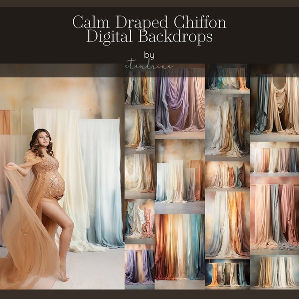 Draped Chiffon Digital Backdrops, Draped Fabric Digital Backgrounds, Maternity Digital Backdrops, Calm Color Hanging Fabric Backdrops