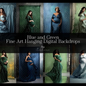 May include: A set of eight digital backdrops featuring a variety of blue and green colours. The backdrops are designed for use in photography and feature a textured, painterly style.