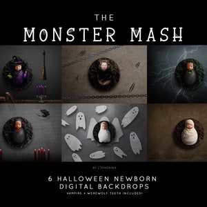Monster Mash Halloween Newborn Digital Backdrop Bundle, Baby Ghost, Baby Frankenstein, Baby Vampire, Baby Witch, Baby Werewolf, Baby Mummy