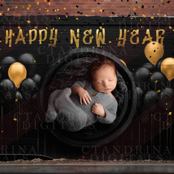 Happy New Year Graffiti Wall Newborn Digital Backdrop, Graffiti Painted Brick Wall Digital Background, New Year Celebration Digital Backdrop