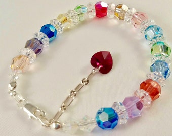 Valentine's gift. Rainbow Swarovski bracelet, Sterling silver jewelry, Chain bracelet, Rainbow bracelet Handcrafted gifts; Gift for mom