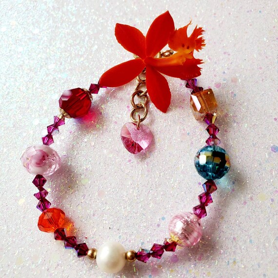 Unique Gifts. Red Bracelet. Swarovski Crystal Bracelet. Pink Heart