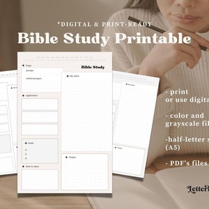 Peut inclure: Planificateur d'étude biblique imprimable avec des sections pour le sujet, le passage, les passages connexes, l'application, les objectifs, le partage, la prière et mes notes. Le planificateur est en noir et blanc et mesure la moitié d'une lettre (A5).