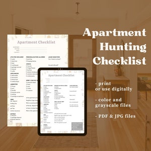 May include: A printable apartment hunting checklist with sections for utilities, personalization, lease duration, amenities, fees, and extras. The checklist is available in color and grayscale PDF and JPG files.