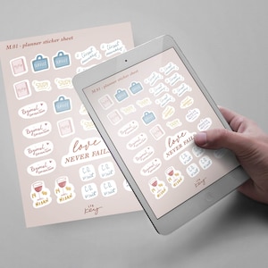 May include: Two sheets of planner stickers with a variety of designs, including a wine glass, a book, a shopping bag, and the phrase "love never fails". The stickers are on a pink background with gold accents.
