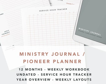 Op de afbeelding: Een printbare planner voor het ministerie. De omslag toont de tekst "Ministry Journal / Pioneer Planner" en somt de functies op: "12 Months - Weekly Workbook, Undated - Service Hour Tracker, Year Overview - Weekly Layouts".