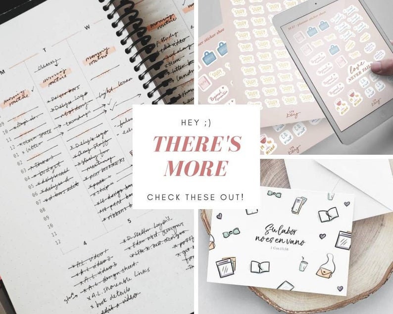 May include: A collage of images featuring various sticker designs, including a sheet of stickers with the text "Love Never Fails", a sheet of stickers with the text "Study", and a sheet of stickers with the text "Hey There's More Check These Out!"