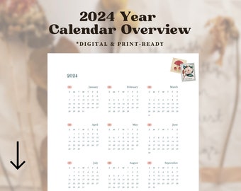 2024 Calendar Overview Digital Download, New Year Page