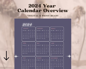 2024 Calendar Overview Digital Download, New Year Page, Purple Y2k