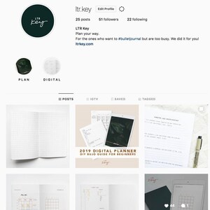 May include: A social media page for a company called LTR Key. The page features a black and white gridded notebook, a digital planner, and a handwritten note. The text on the page reads "2019 Digital Planner DIY Bujo Guide for Beginners" and "Amore Las Respuestas".