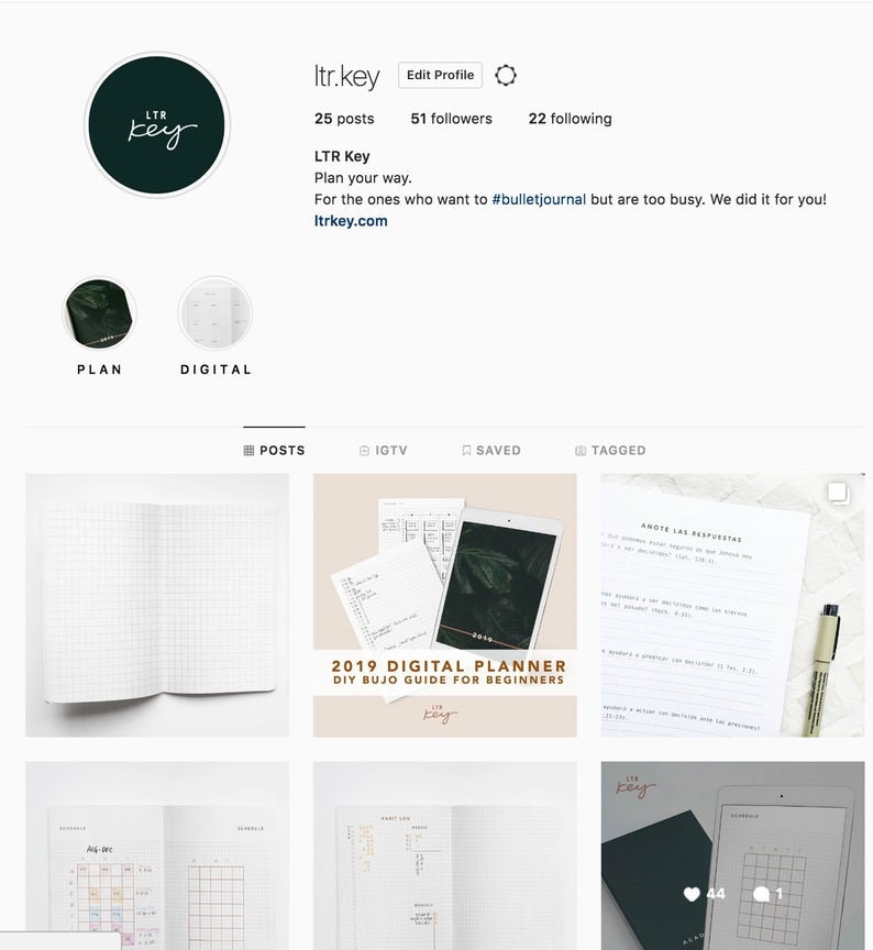 May include: A social media page for a company called LTR Key. The page features a black and white gridded notebook, a digital planner, and a handwritten note. The text on the page reads "2019 Digital Planner DIY Bujo Guide for Beginners" and "Amore Las Respuestas".