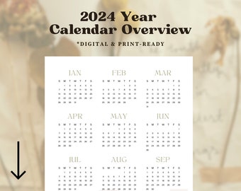 2024 Calendar Overview Digital Download, New Year Page, Purple Y2k