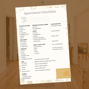May include: A checklist for apartment renters with sections for utilities, appliances, amenities, fees, extras, personalization allowed, and lease duration. The checklist includes checkboxes for various items and questions to ask potential landlords.