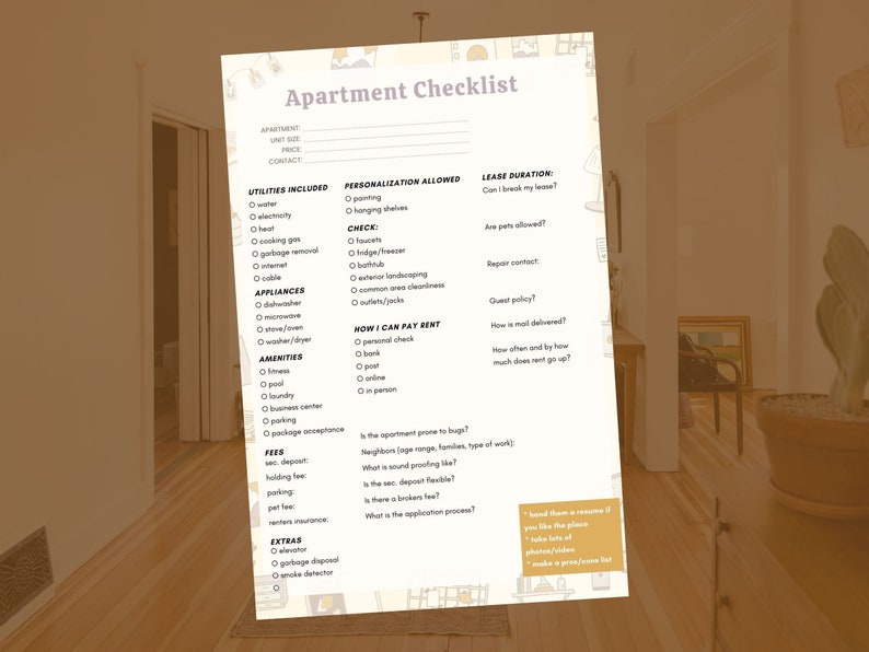 May include: A checklist for apartment renters with sections for utilities, appliances, amenities, fees, extras, personalization allowed, and lease duration. The checklist includes checkboxes for various items and questions to ask potential landlords.