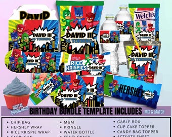 PJ Mask Pack Chip Bag, Birthday Treat, Birthday Favor, Birthday Party, Party Favor, Chip Bag Wrapper, Digital Download