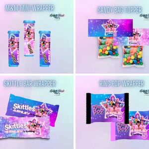 May include: An assortment of party favors, including M&M Mini Wrappers, Candy Bag Toppers, Skittle Bar Wrappers, and Ring Pop Wrappers. Each item features a colorful design with the text "ASHLEY is turning 5".