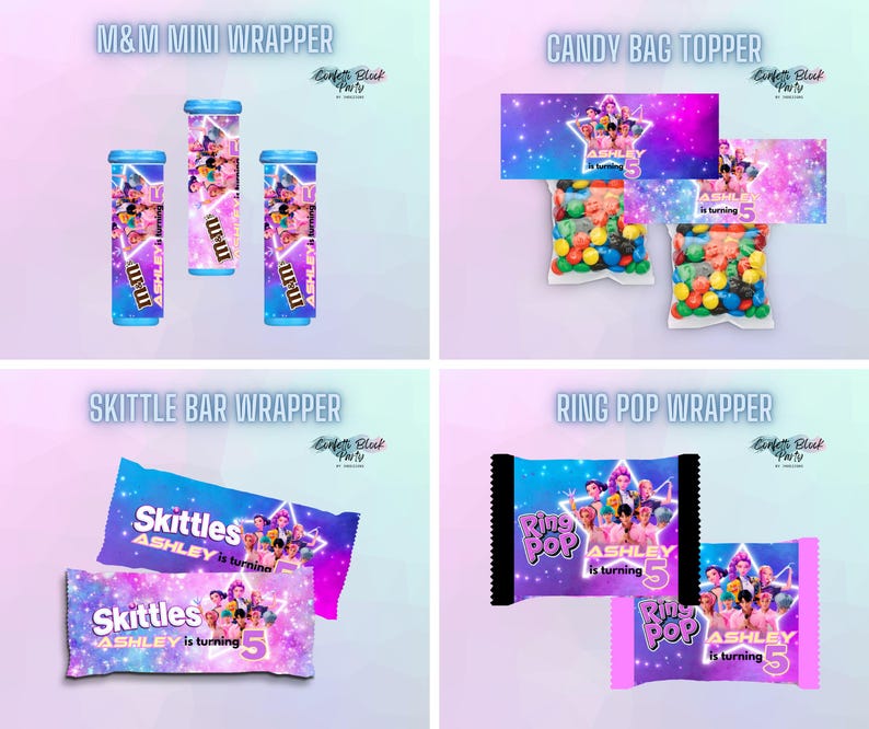 May include: An assortment of party favors, including M&M Mini Wrappers, Candy Bag Toppers, Skittle Bar Wrappers, and Ring Pop Wrappers. Each item features a colorful design with the text "ASHLEY is turning 5".