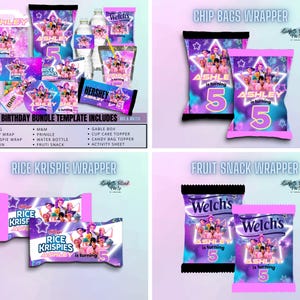 May include: A birthday party bundle template with a purple and blue theme. The design includes wrappers for chip bags, Rice Krispies, and fruit snacks, all featuring the name "Ashley" and the number "5". The template includes various party favors.