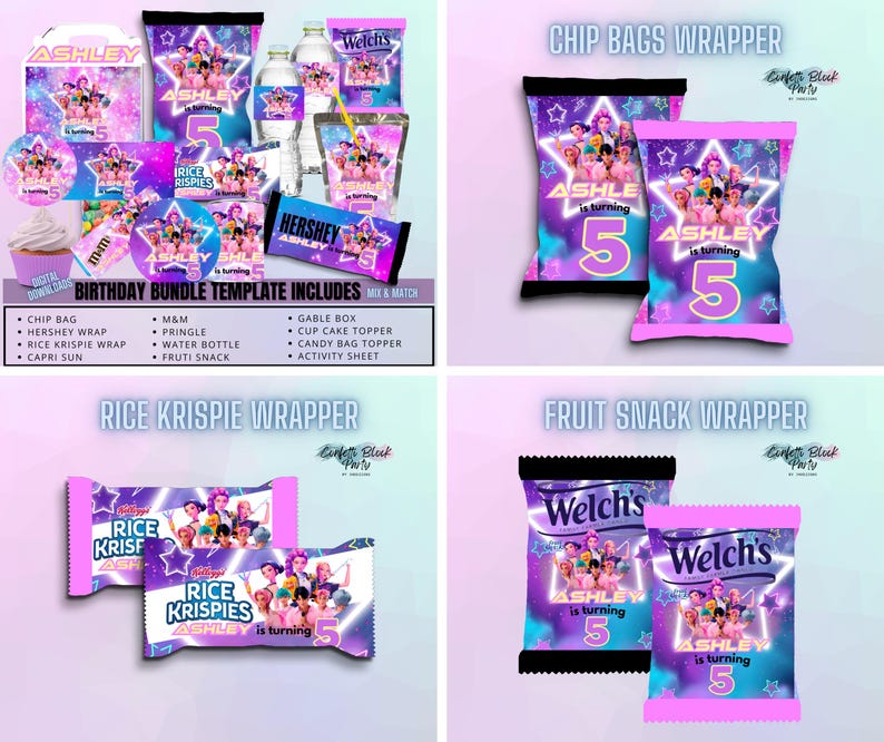 May include: A birthday party bundle template with a purple and blue theme. The design includes wrappers for chip bags, Rice Krispies, and fruit snacks, all featuring the name "Ashley" and the number "5". The template includes various party favors.
