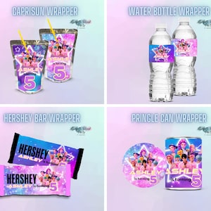 May include: A collection of party favor wrappers, including Capri Sun, water bottle, Hershey bar, and Pringle can designs. Each wrapper features a group of cartoon characters, the name "Ashley", and the number "5" on a purple and blue background.
