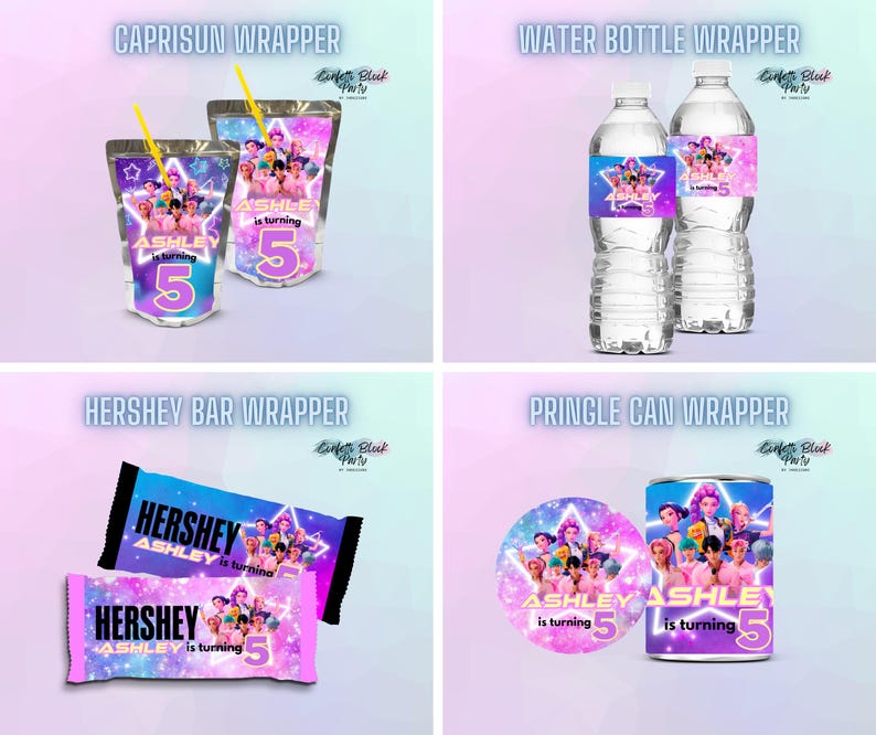 May include: A collection of party favor wrappers, including Capri Sun, water bottle, Hershey bar, and Pringle can designs. Each wrapper features a group of cartoon characters, the name "Ashley", and the number "5" on a purple and blue background.