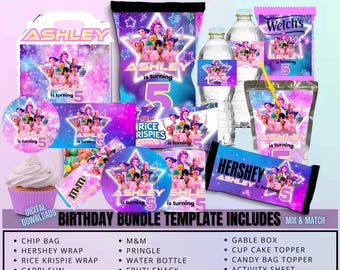 May include: A birthday party bundle template with a galaxy theme. Includes chip bags, Hershey wraps, Rice Krispie wraps, Capri Sun, M&M's, Pringles, water bottles, and more. The text "ASHLEY is turning 5" is visible on many items.