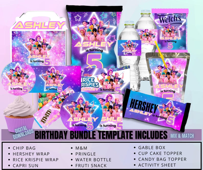 May include: A birthday party bundle template with a galaxy theme. Includes chip bags, Hershey wraps, Rice Krispie wraps, Capri Sun, M&M's, Pringles, water bottles, and more. The text "ASHLEY is turning 5" is visible on many items.