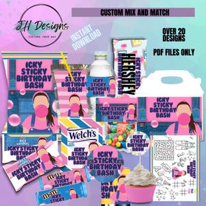 Pode incluir: Um conjunto de decorações de festa imprimíveis com a frase "Icky Sticky Birthday Bash" em rosa, azul e amarelo. Os designs incluem uma variedade de etiquetas para alimentos, etiquetas para garrafas de água, toppers para cupcakes e uma folha de atividades imprimível.