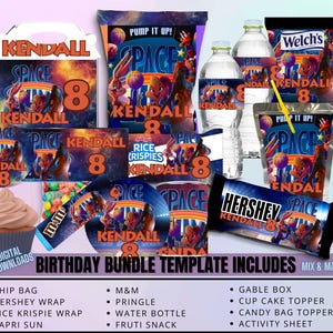 May include: A birthday bundle template featuring a space-themed design with the name "Kendall" and the number "8". Includes chip bags, Hershey wraps, water bottles, and more. The text "Birthday Bundle Template Includes" is visible.