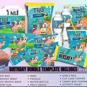 Op de afbeelding: Een verjaardagsfeestbundel sjabloon met SpongeBob SquarePants-personages. Inclusief chipzakken, Hershey-wikkels, waterflessen en meer. De tekst "TRU wordt 2" is zichtbaar op verschillende items. Digitale downloads.