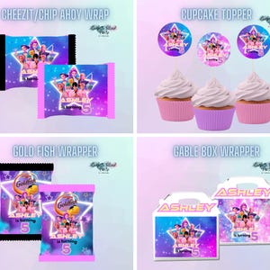 May include: Party supplies featuring a vibrant design. Includes Cheez-It/Chip Ahoy wrappers, Goldfish wrappers, cupcake toppers, and gable box wrappers. Each item has a colorful design with the text "ASHLEY is turning 5".
