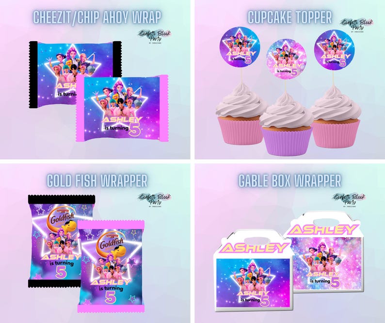 May include: Party supplies featuring a vibrant design. Includes Cheez-It/Chip Ahoy wrappers, Goldfish wrappers, cupcake toppers, and gable box wrappers. Each item has a colorful design with the text "ASHLEY is turning 5".