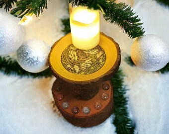 Mandella and celtic three hares rustic art natural wood led candleholder