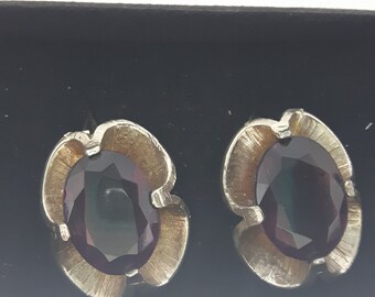 Vintage 1950s clip on purple cut glass clip on earrings on antique silver backs
