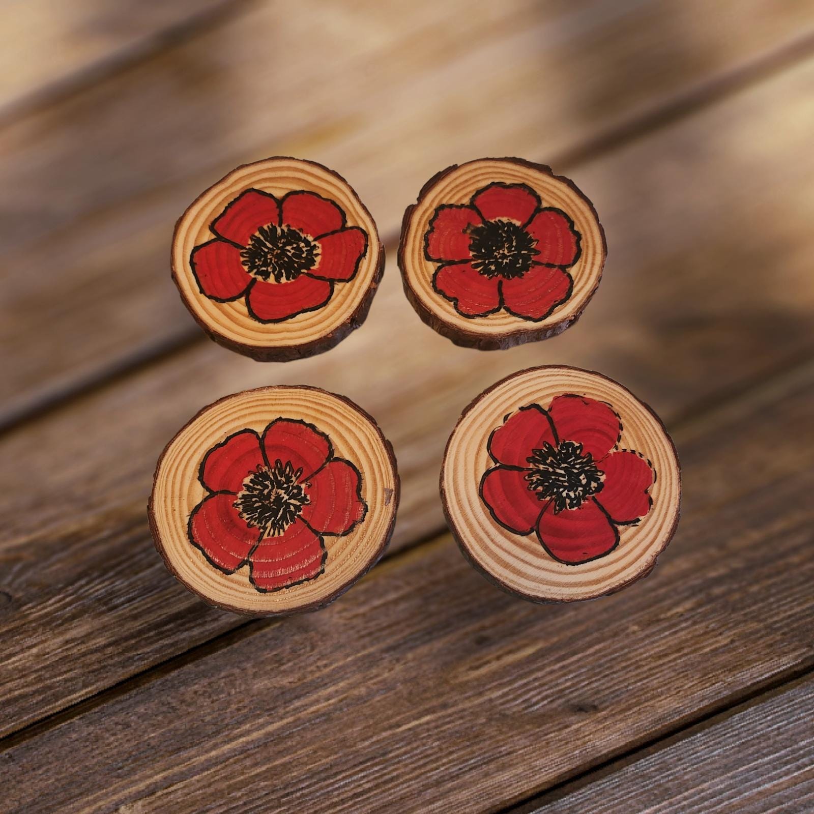 Set of 4 natural wood slice poppy design coasters