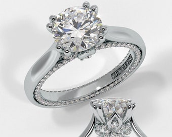 Juliet- 7mm 1.2ct Round Double Four Prong Solitaire with Petal Accent Stones and Fligree Two Tone Moissanite Engagement Ring