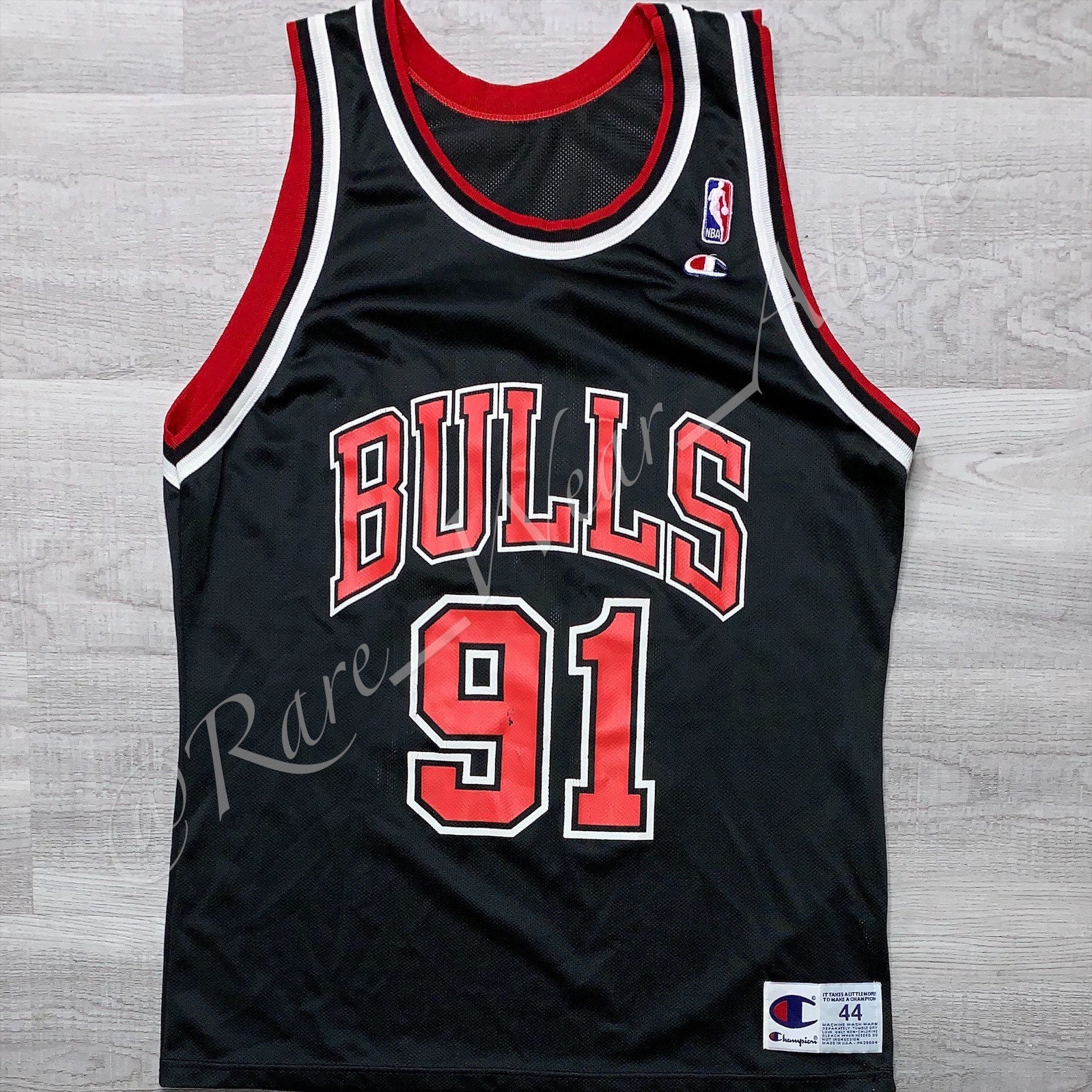DENNIS RODMAN Chicago Bulls CHAMPION (Size 44) Vtg BLACK Game Replica NBA  JERSEY