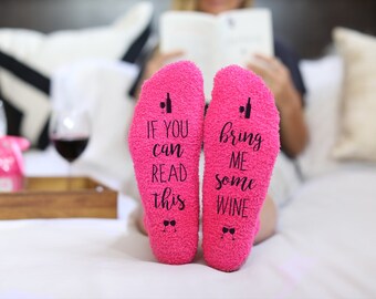 Bring Me Wine Fuzzy Pink Socks - Novelty Cupcake Packaging for Her - Birthday Idea for Women - 1 Pair Christmas Stocking Stuffers