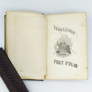 May include: An open book with a green cover. The title page is visible and reads "Fern Leaves" and "Portfolio". The book is illustrated with a drawing of a book with a feather on top.