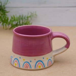 Handmade Mug Decorated with Rainbows and Pink Pottery Glaze