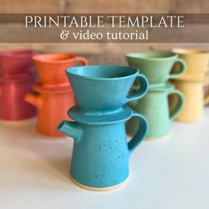May include: A selection of brightly coloured ceramic coffee pour-over devices in shades like teal, orange, and green. The image also includes the text "PRINTABLE TEMPLATE & video tutorial".
