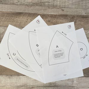 May include: Four white paper templates for a mug cozy sewing project. The templates are labeled A, B, C, and D. Template A is labeled "Side of Mug" and includes instructions to cut along the black line and join A to the template B to make a larger mug template. The templates are on a wooden surface.