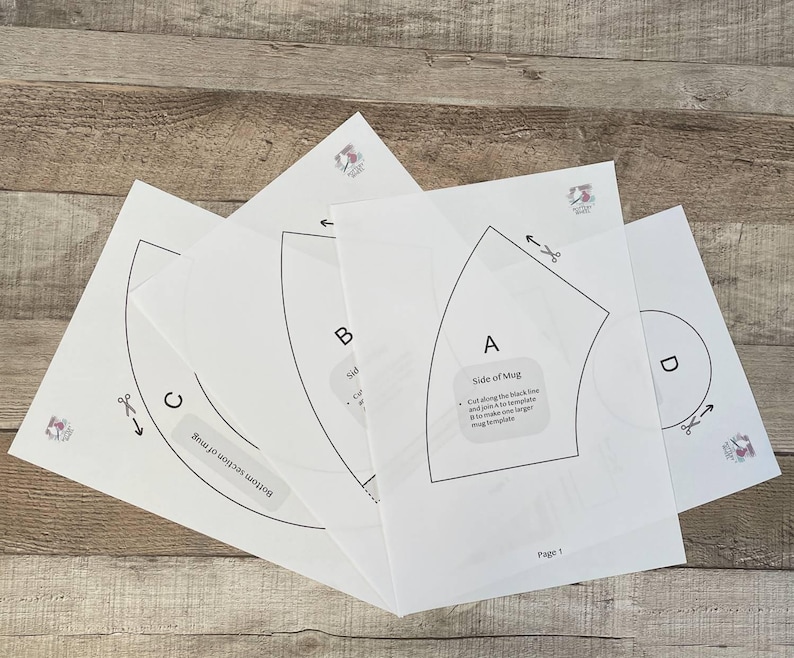 May include: Four white paper templates for a mug cozy sewing project. The templates are labeled A, B, C, and D. Template A is labeled "Side of Mug" and includes instructions to cut along the black line and join A to the template B to make a larger mug template. The templates are on a wooden surface.