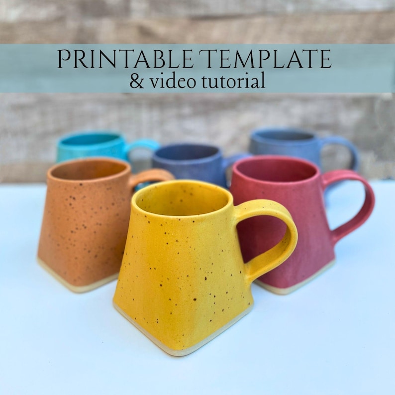 Molde imprimível para caneca de cerâmica com vídeo passo a passo para fazer canecas de cerâmica artesanais com base quadrada. imagem 1
