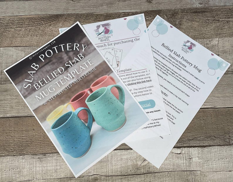 May include: A set of instructions for making a pottery mug using the slab method. The instructions include a template and a step-by-step video guide. The image shows a close-up of the template with four mugs made using the template.