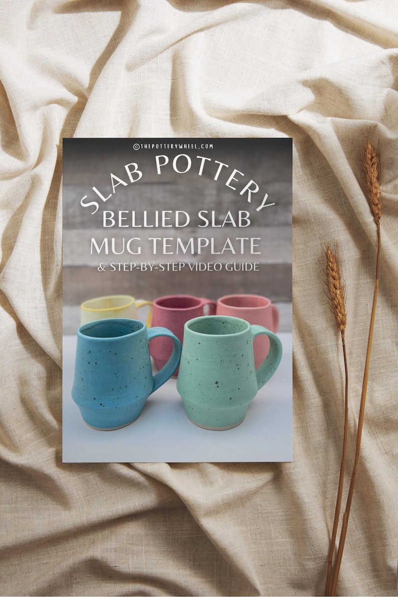May include: A digital download for a slab pottery bellied mug template with a step-by-step video guide. The image shows four finished mugs in different colors: blue, green, pink, and yellow.
