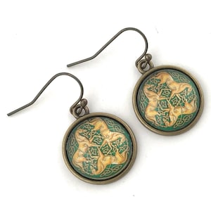 Horse Earrings, Celtic Knot Earrings, Green and Gold, Druid Jewelry, Antique Brass, Gift for Women, Dangle Earrings, Celtic Jewelry