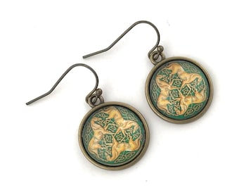 Horse Earrings, Celtic Knot Earrings, Green and Gold, Druid Jewelry, Antique Brass, Gift for Women, Dangle Earrings, Celtic Jewelry