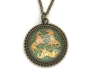 Celtic Horse Necklace, Celtic Knot Jewelry, 3 Horses Design, Green and Gold, Druid Jewelry, Gift for Women,